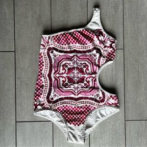 Multicolor One Piece Bathing Suit Sz. M Majolica Print Abstract Cutout Swimsuit